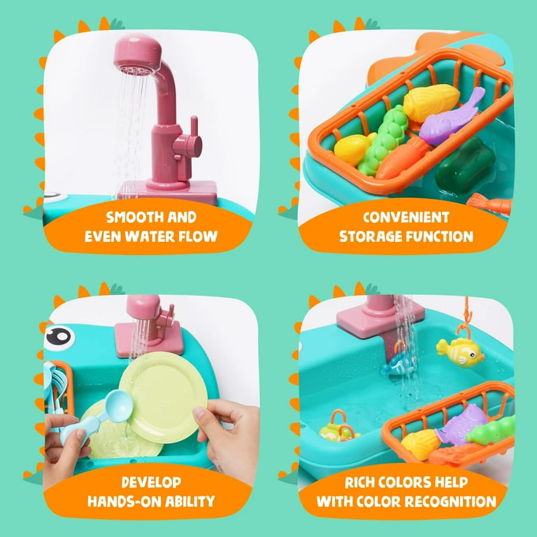 Kids Dinosaur Kitchen Sink Toy with Electric Water Faucet – 22PCS Pretend Play Set