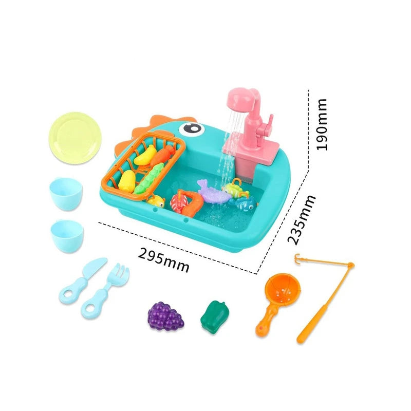Kids Dinosaur Kitchen Sink Toy with Electric Water Faucet – 22PCS Pretend Play Set