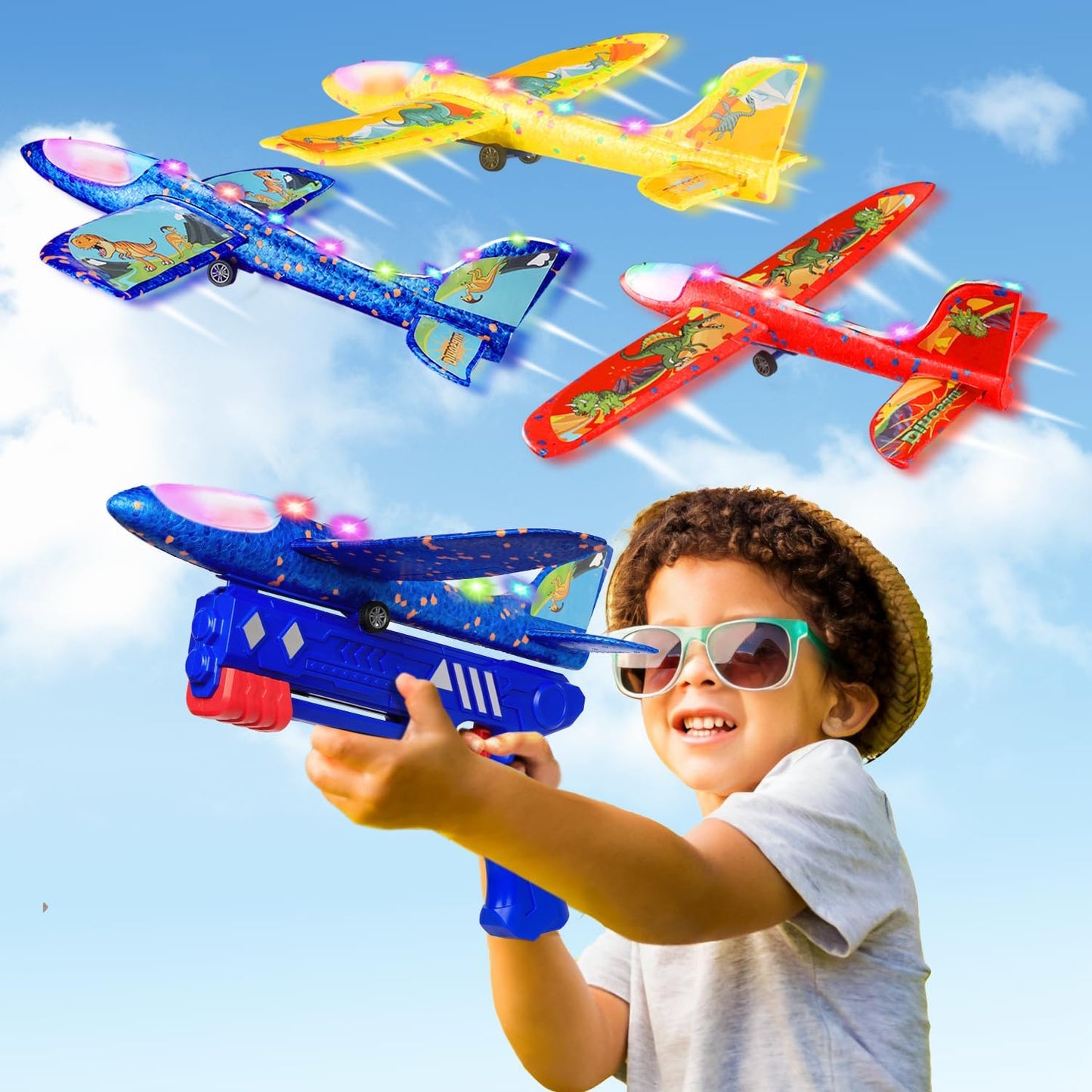 LED Airplane Launcher Gun Toy for Kids – Flying Glider Catapult Plane with Lights