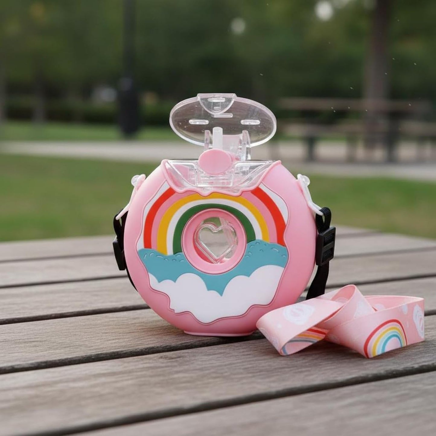 Donut Water Bottle Leak-Resistant Donut Shaped Spout Bottle Kids Straw Bottle with Strap