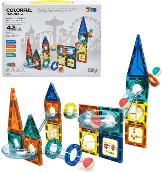 42-Piece Magnetic tiles with pipeline track  – STEM Learning Building Blocks for Kids