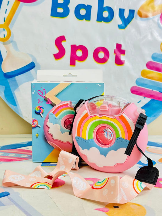 Donut Water Bottle Leak-Resistant Donut Shaped Spout Bottle Kids Straw Bottle with Strap