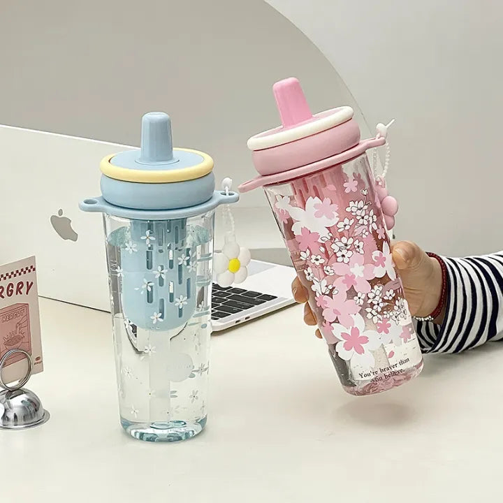 Floral design portable straw cup for kids 950 ml capacity