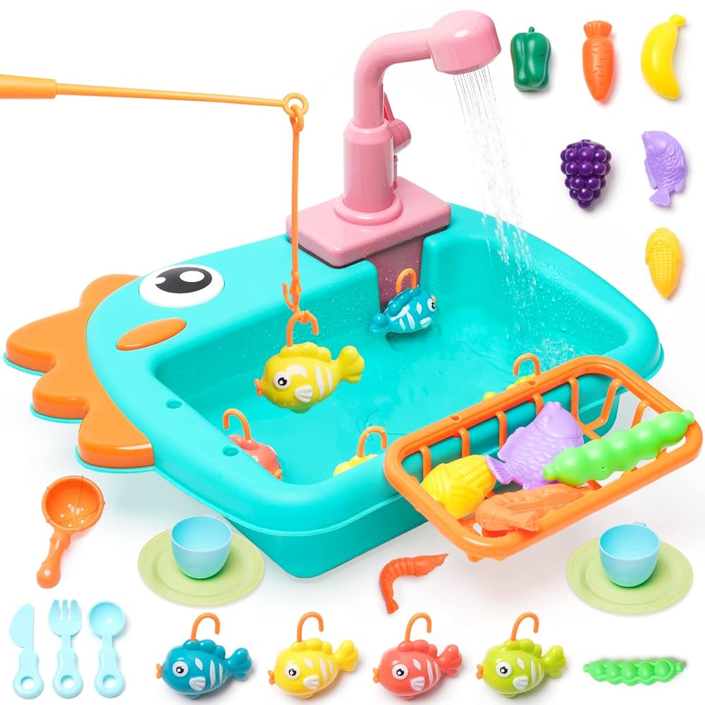 Kids Dinosaur Kitchen Sink Toy with Electric Water Faucet – 22PCS Pretend Play Set