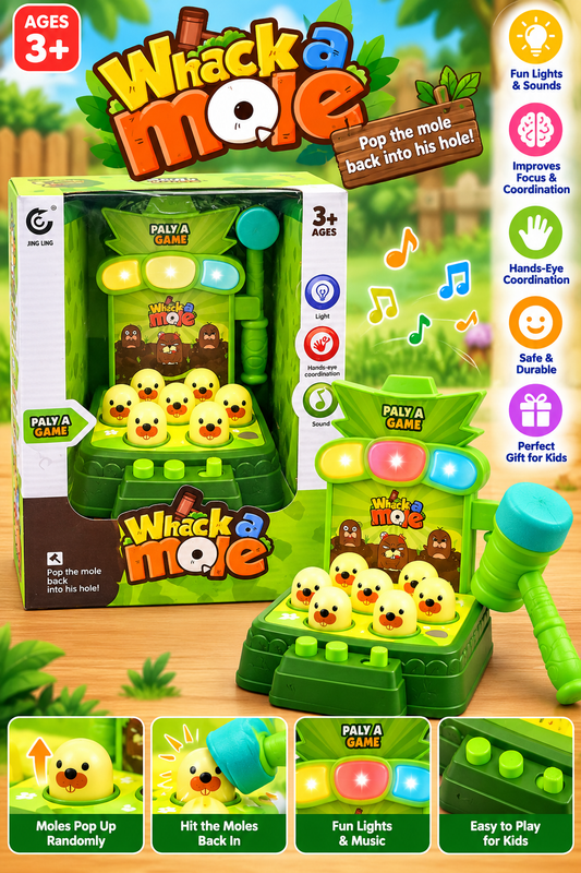 Green Whack-a-Mole interactive toy game for kids with colourful popping moles, toy hammer, lights and sound features